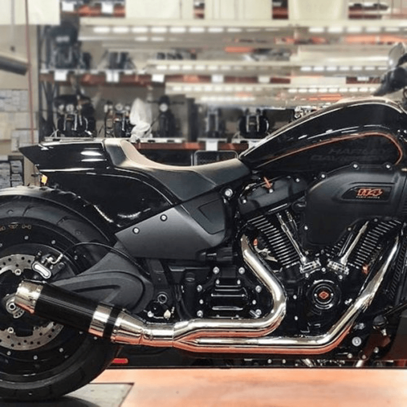 D&D Bob Cat Upswept 2 into 1 Chrome with Black Sleeve M8 Softail Wide Tire Models